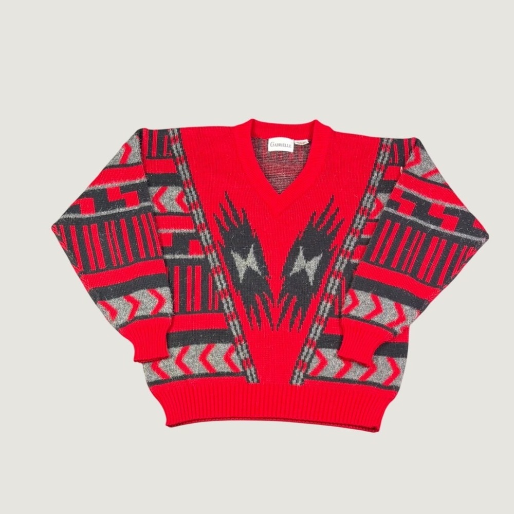 Vintage Gabrielle Mens Red Geometric V-Neck Sweater XL Southwestern Retro Knit